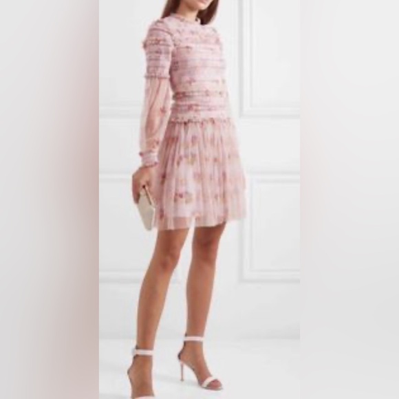 NEEDLE & THREAD Think Of Me Sequined Shirred Floral-Print Tulle Mini, Size 8 - Picture 3 of 16